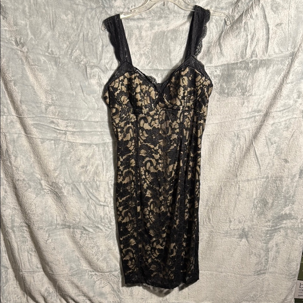 Fredericks of Hollywood Black Lace Dress women’s size 16 tan liner midi length